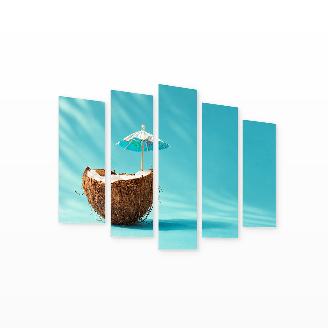 Coconut with Umbrella Botanical Study — five-panel wall art on white background in perspective | 5wallart 57245 M1