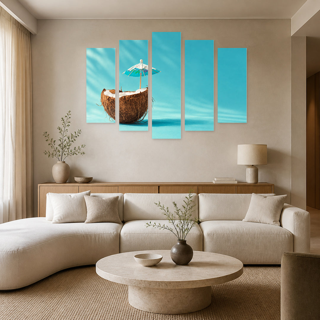 Coconut with Umbrella Botanical Study — five-panel wall art in frontal interior | 5wallart 57245 M3
