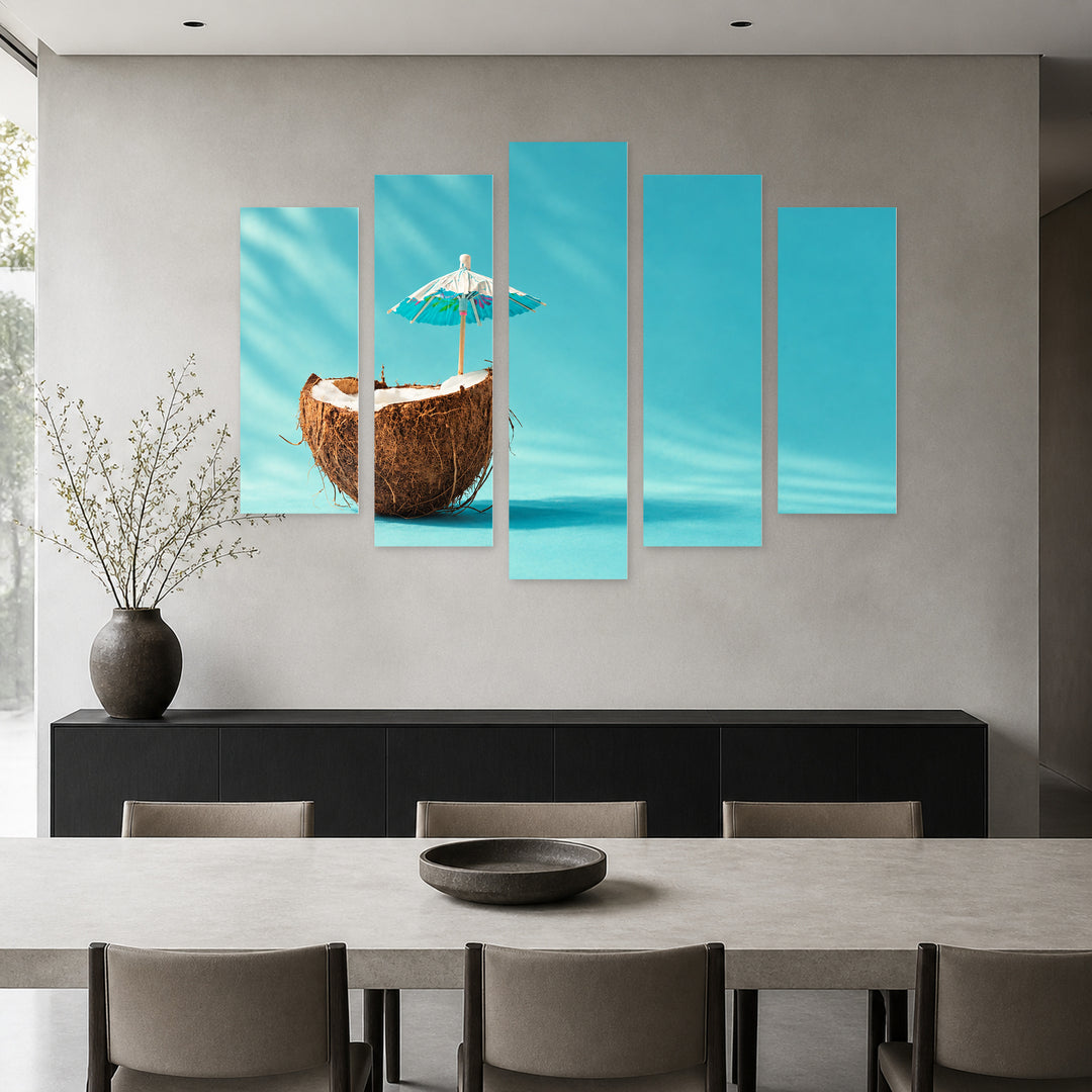 Coconut with Umbrella Botanical Study — five-panel wall art in alternate frontal interior | 5wallart 57245 M4