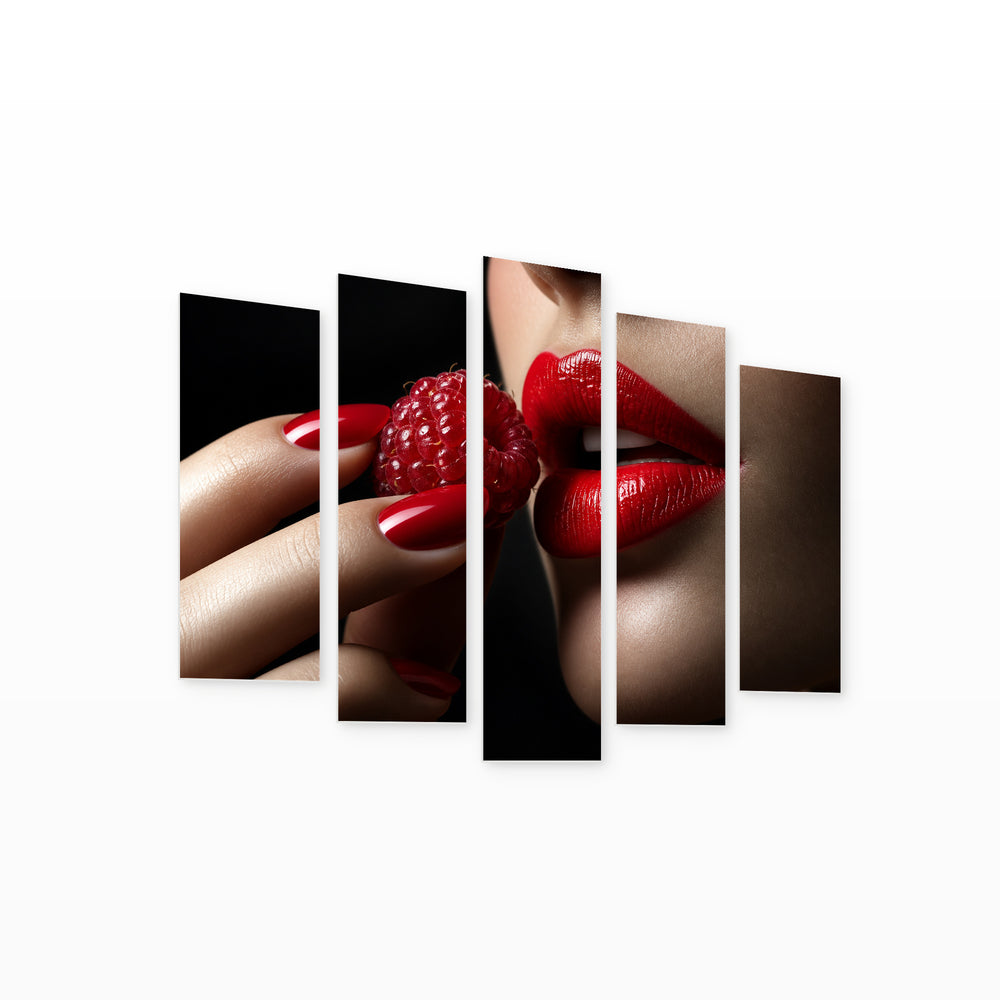 Red Lips and Raspberry with Dramatic Contrast — five-panel wall art on white background in perspective | 5wallart 57248 M1