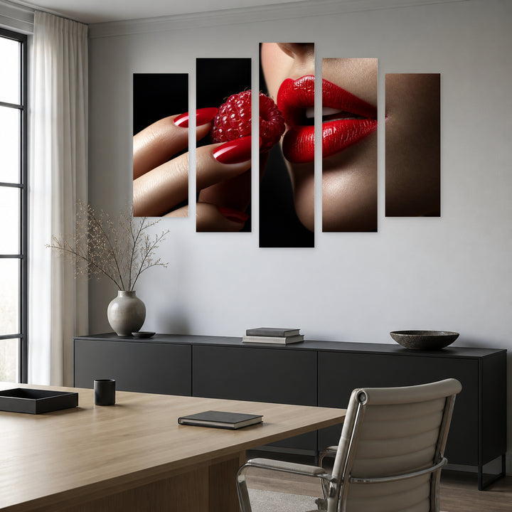 Red Lips and Raspberry with Dramatic Contrast — five-panel wall art in frontal interior | 5wallart 57248 M3