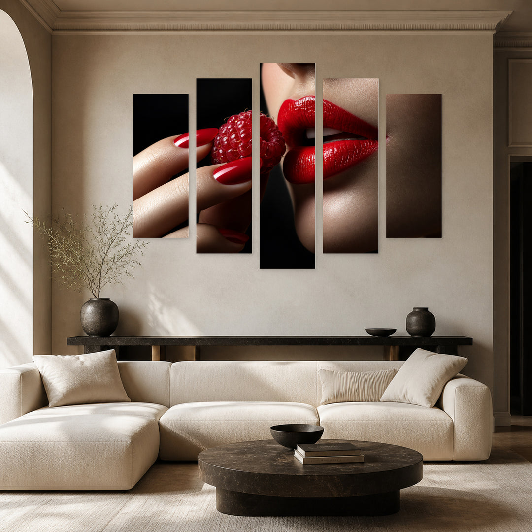 Red Lips and Raspberry with Dramatic Contrast — five-panel wall art in alternate frontal interior | 5wallart 57248 M4