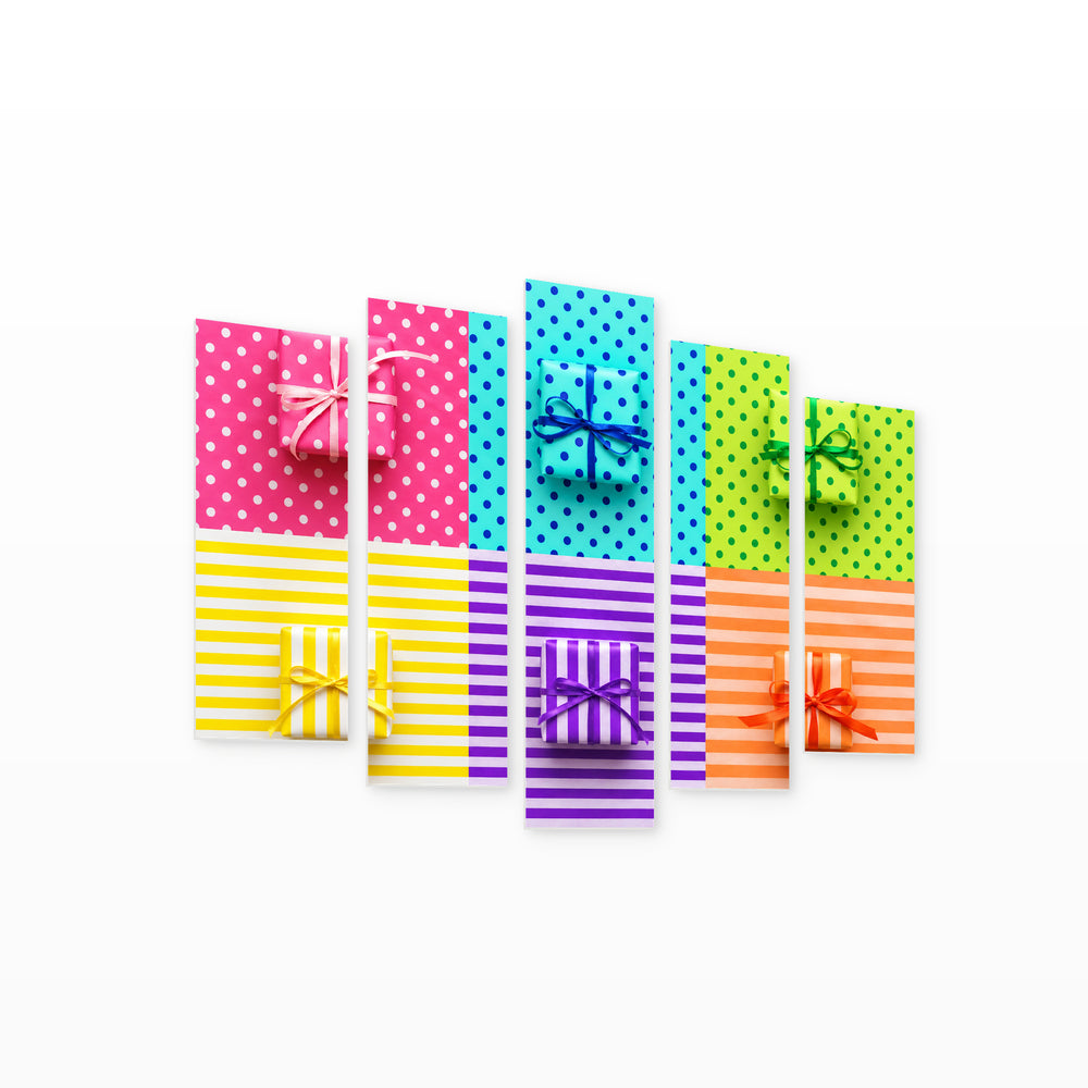 Colorful Gifts on Wrapping Paper with Dramatic Contrast — five-panel wall art on white background in perspective | 5wallart 57256 M1