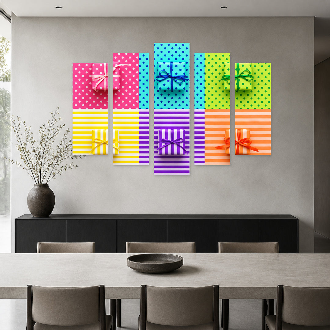 Colorful Gifts on Wrapping Paper with Dramatic Contrast — five-panel wall art in frontal interior | 5wallart 57256 M3