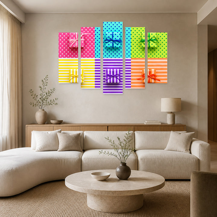 Colorful Gifts on Wrapping Paper with Dramatic Contrast — five-panel wall art in alternate frontal interior | 5wallart 57256 M4