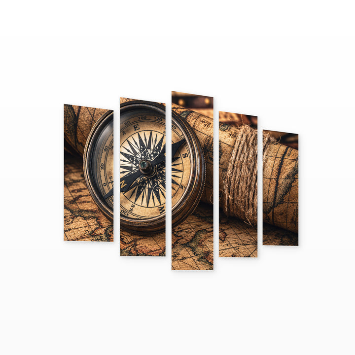 Vintage Compass Vintage Study — five-panel wall art on white background in perspective | 5wallart 57260 M1