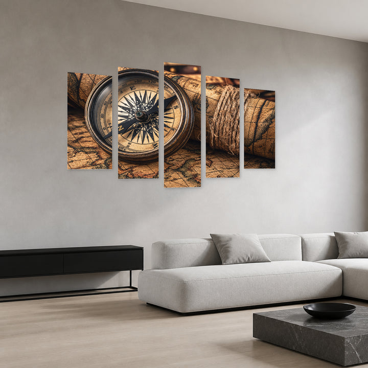Vintage Compass Vintage Study — five-panel wall art in perspective interior | 5wallart 57260 M2