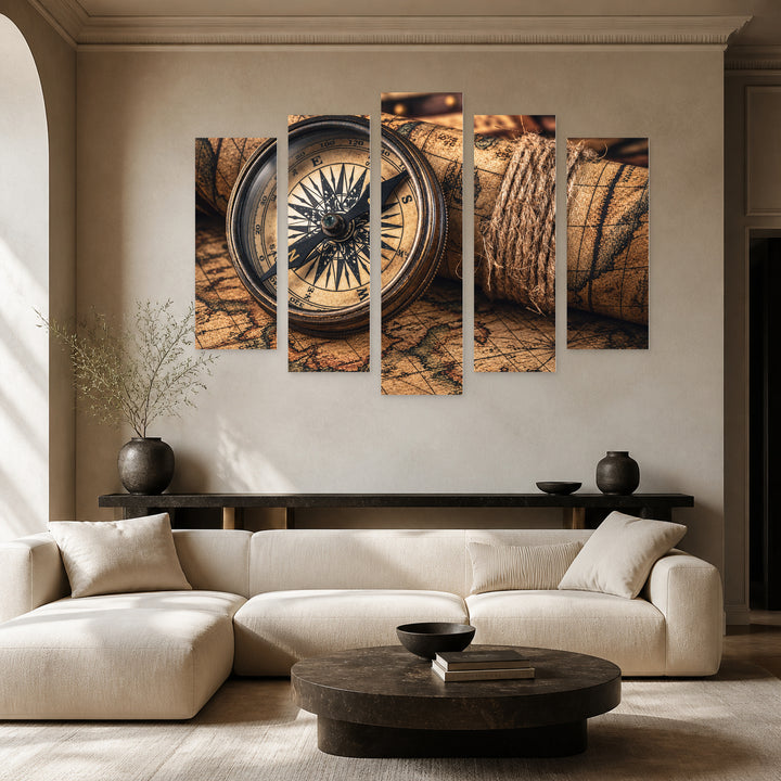 Vintage Compass Vintage Study — five-panel wall art in alternate frontal interior | 5wallart 57260 M4