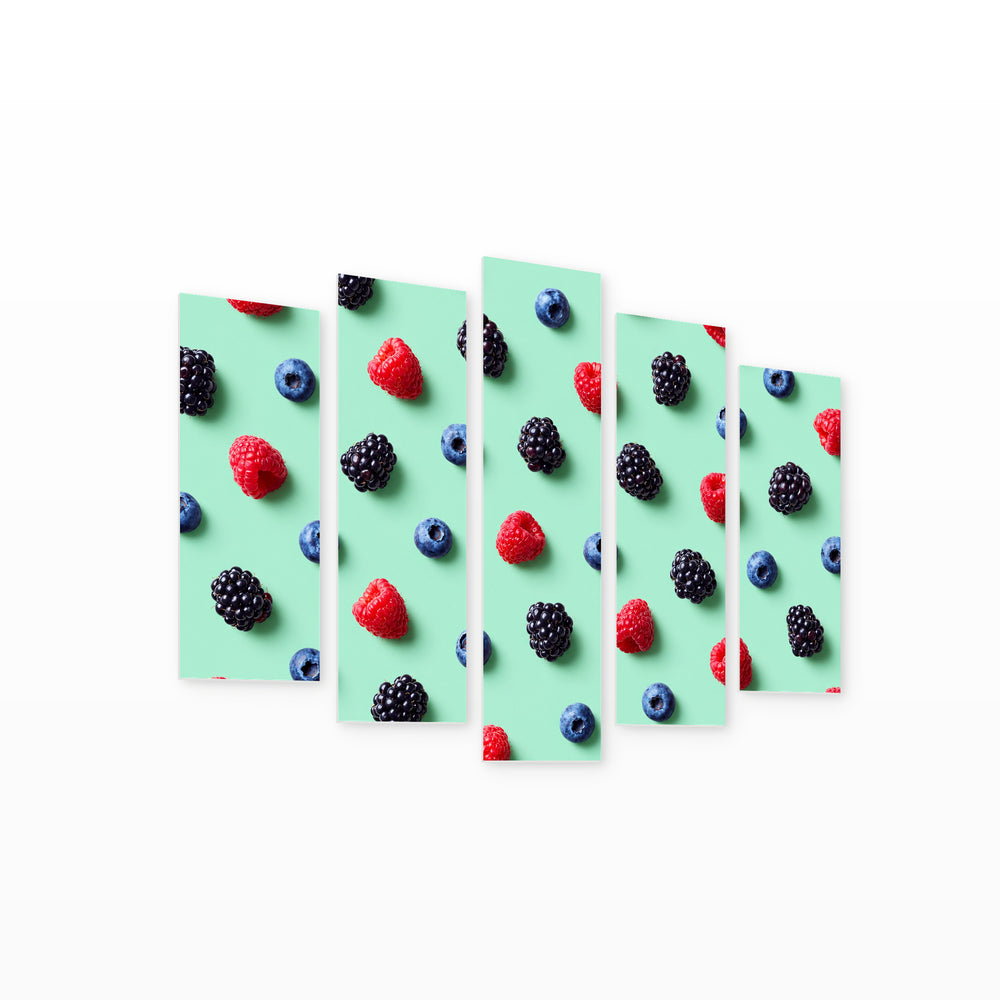 Raspberries, Blueberries, and Blackberries with Dramatic Contrast — five-panel wall art on white background in perspective | 5wallart 57263 M1