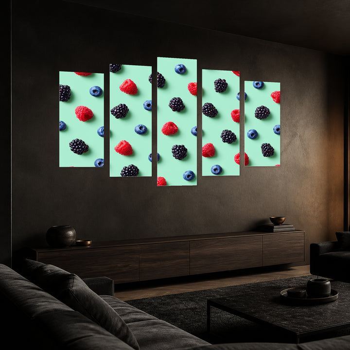Raspberries, Blueberries, and Blackberries with Dramatic Contrast — five-panel wall art in perspective interior | 5wallart 57263 M2