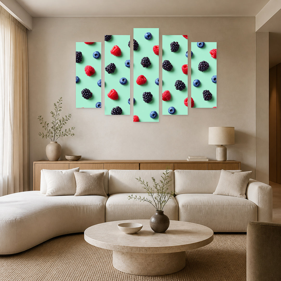 Raspberries, Blueberries, and Blackberries with Dramatic Contrast — five-panel wall art in frontal interior | 5wallart 57263 M3