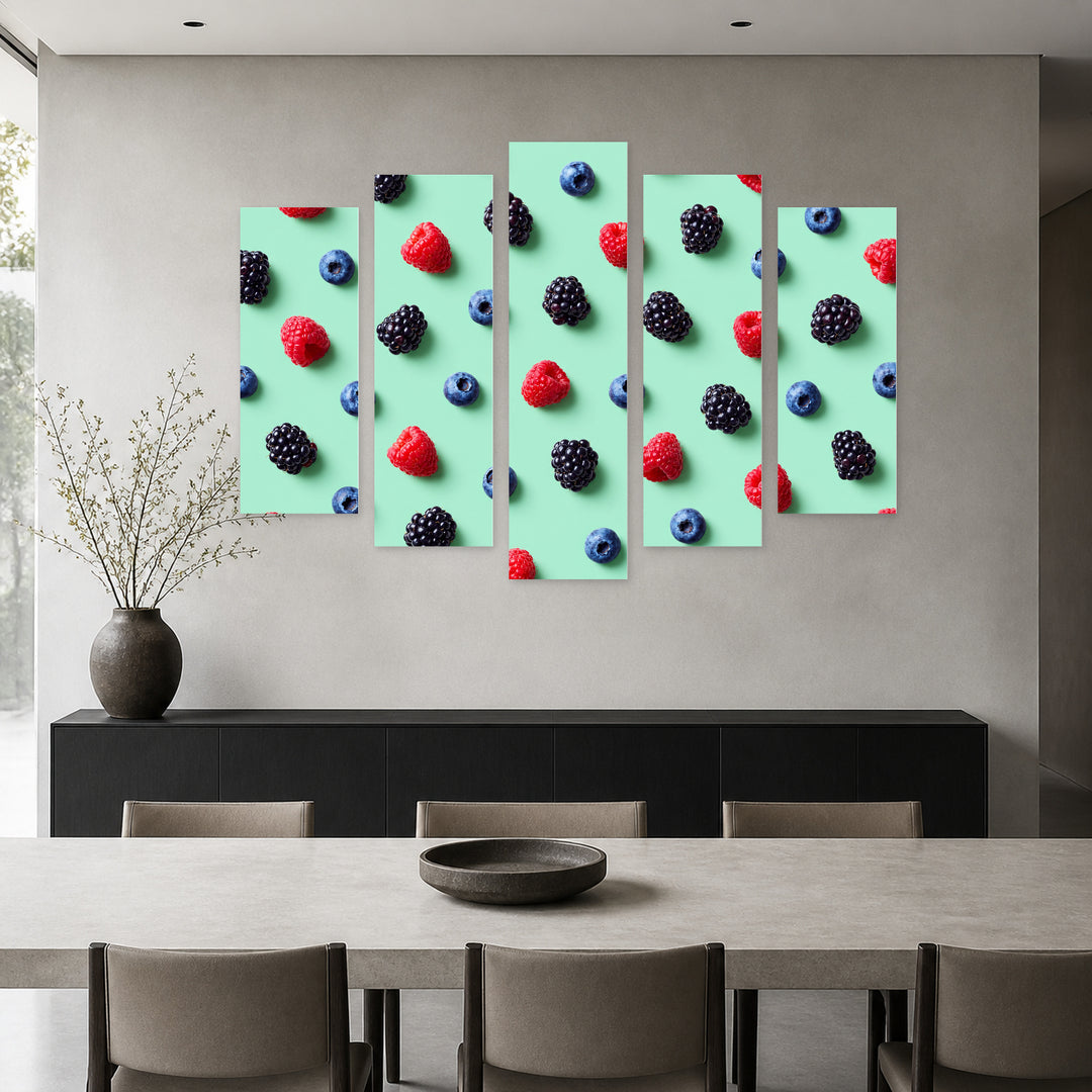 Raspberries, Blueberries, and Blackberries with Dramatic Contrast — five-panel wall art in alternate frontal interior | 5wallart 57263 M4