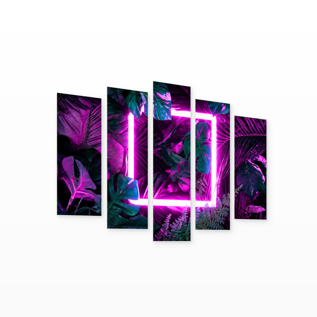 Pink Neon Lamp on Palm Leaves at Night — five-panel wall art on white background in perspective | 5wallart 57271 M1