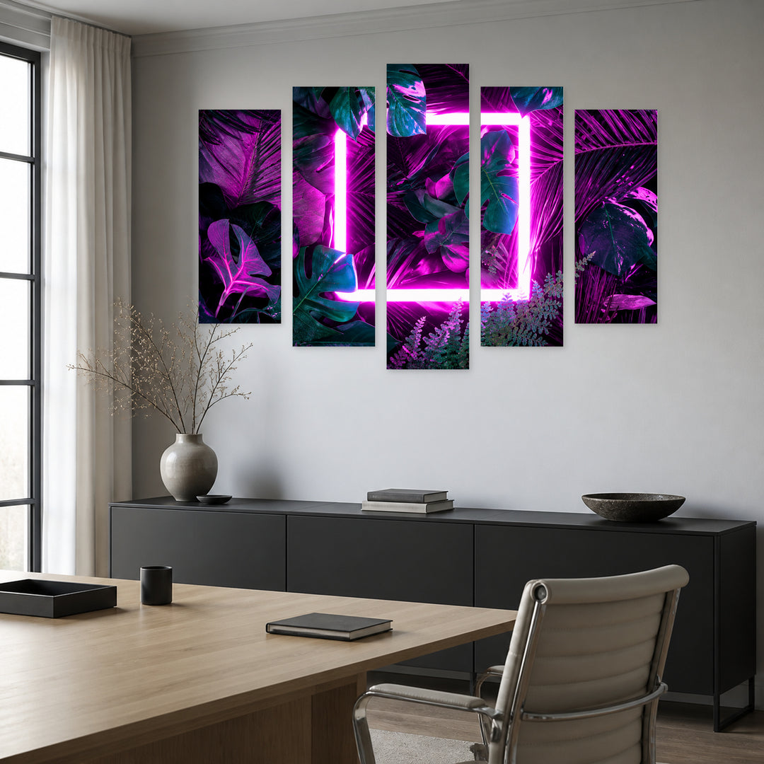 Pink Neon Lamp on Palm Leaves at Night — five-panel wall art in alternate frontal interior | 5wallart 57271 M4