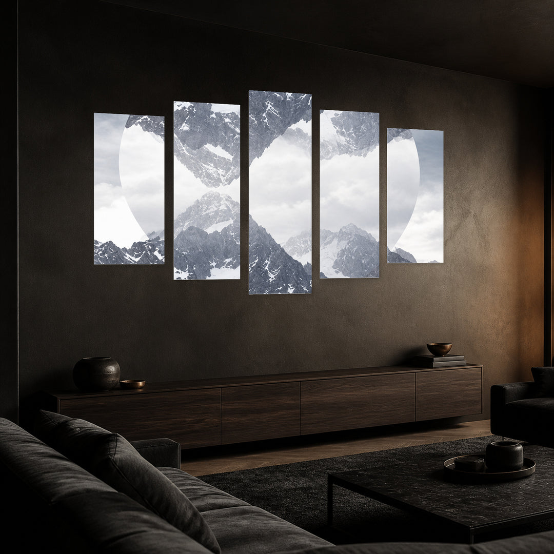 Connection with Geometric Rhythm — five-panel wall art in perspective interior | 5wallart 57501 M2