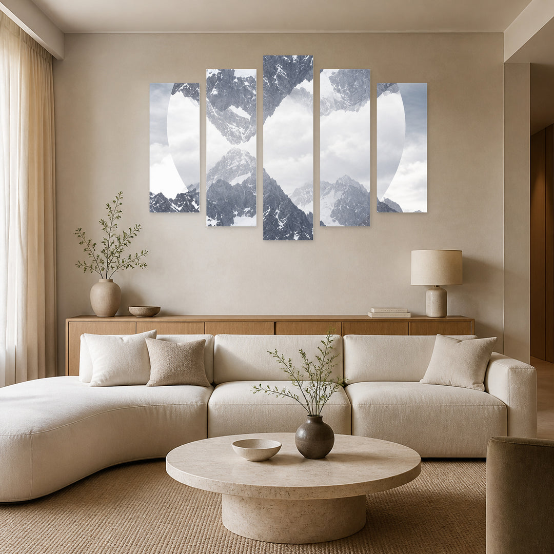 Connection with Geometric Rhythm — five-panel wall art in frontal interior | 5wallart 57501 M3