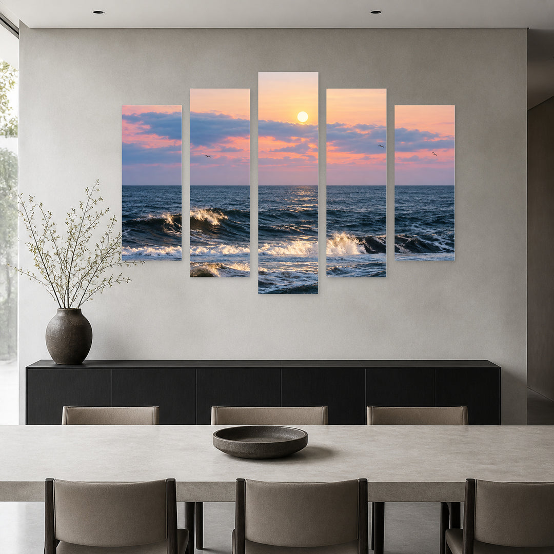 Afternoon with Geometric Rhythm — five-panel wall art in frontal interior | 5wallart 57502 M3