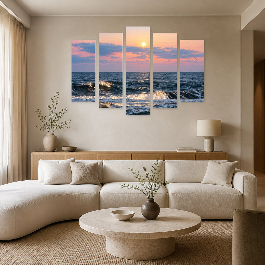 Afternoon with Geometric Rhythm — five-panel wall art in alternate frontal interior | 5wallart 57502 M4