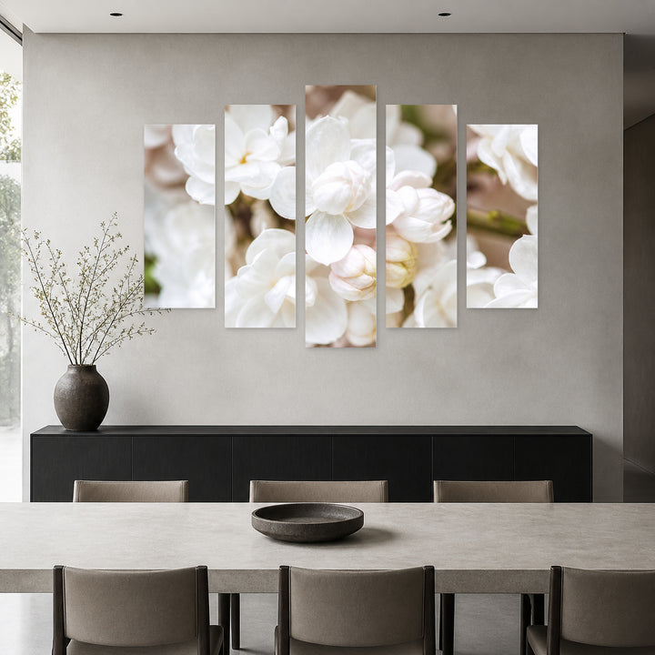 White Color with Geometric Rhythm — five-panel wall art in alternate frontal interior | 5wallart 57503 M4
