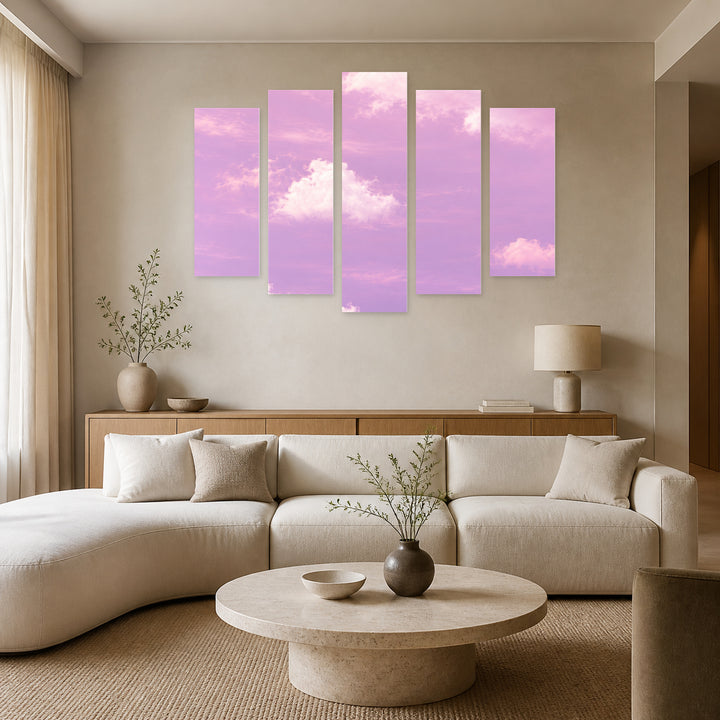 Dream in Pink with Geometric Rhythm — five-panel wall art in alternate frontal interior | 5wallart 57506 M4