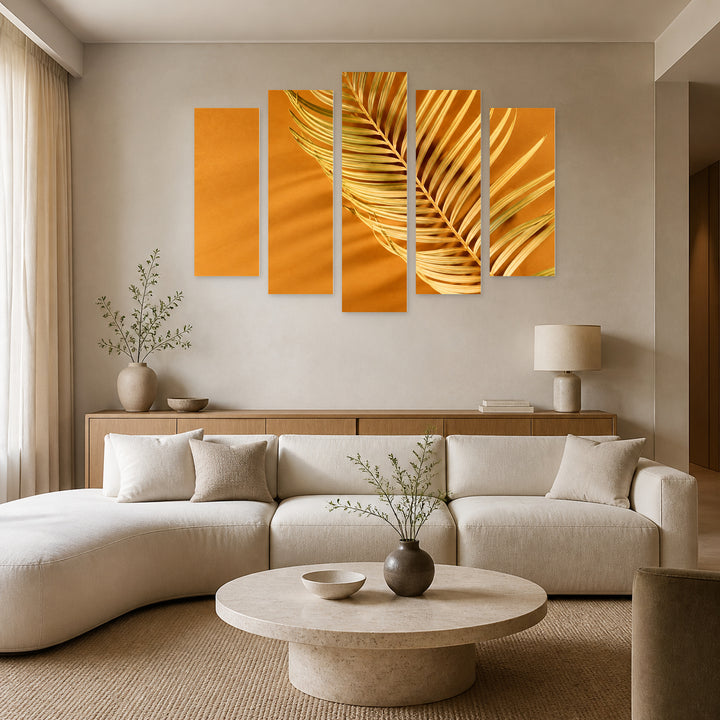Palm Leaf in Vivid Color — five-panel wall art in alternate frontal interior | 5wallart 57508 M4