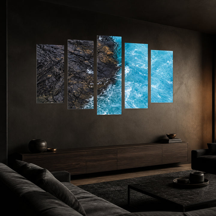 Contrast with Geometric Rhythm — five-panel wall art in perspective interior | 5wallart 57509 M2