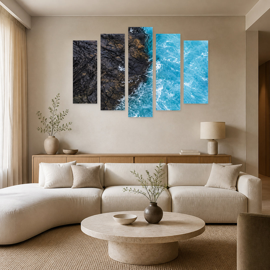 Contrast with Geometric Rhythm — five-panel wall art in frontal interior | 5wallart 57509 M3