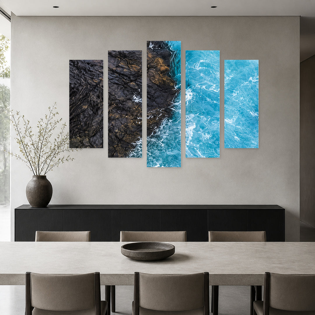 Contrast with Geometric Rhythm — five-panel wall art in alternate frontal interior | 5wallart 57509 M4
