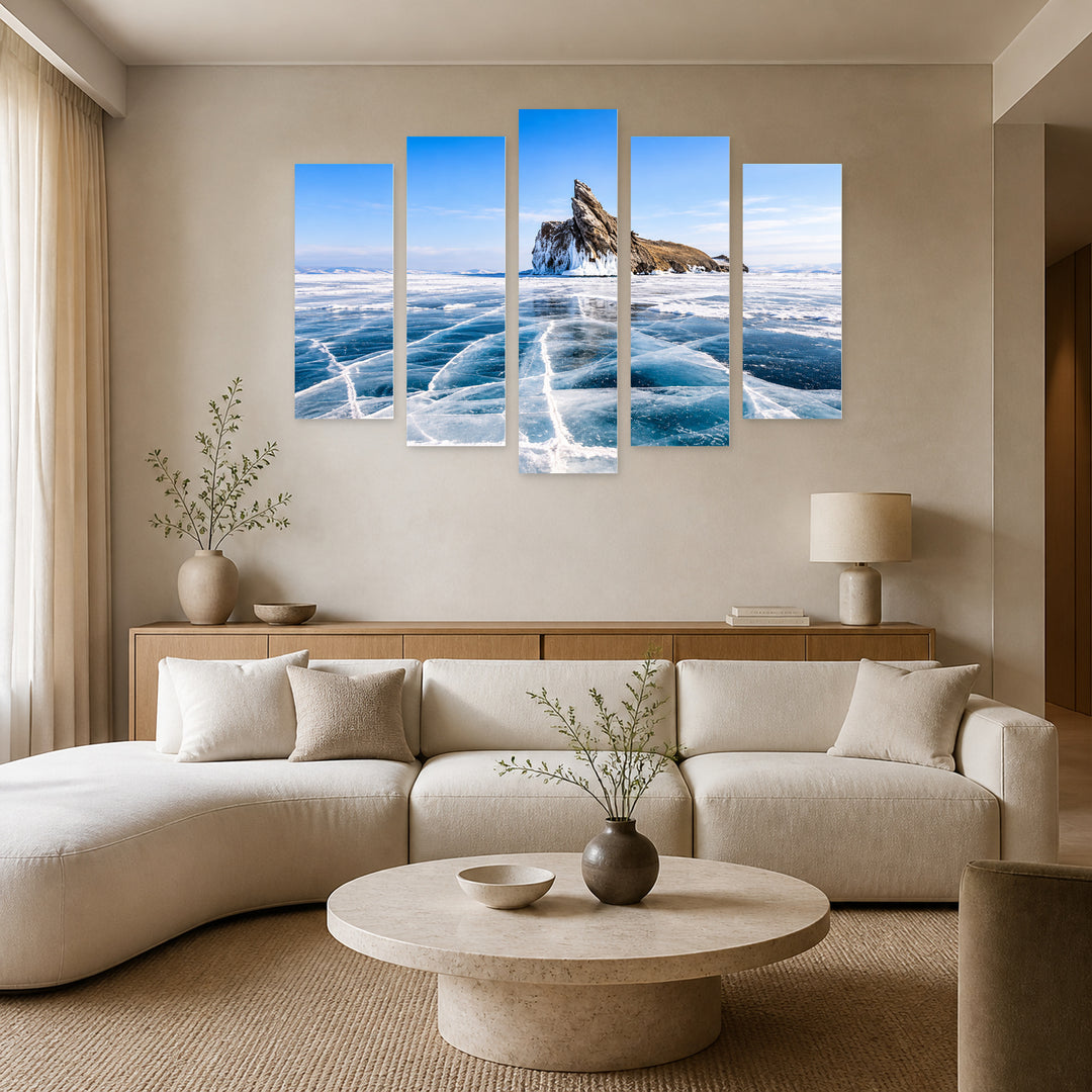 Cracked Ice in Serene Light — five-panel wall art in alternate frontal interior | 5wallart 57510 M4
