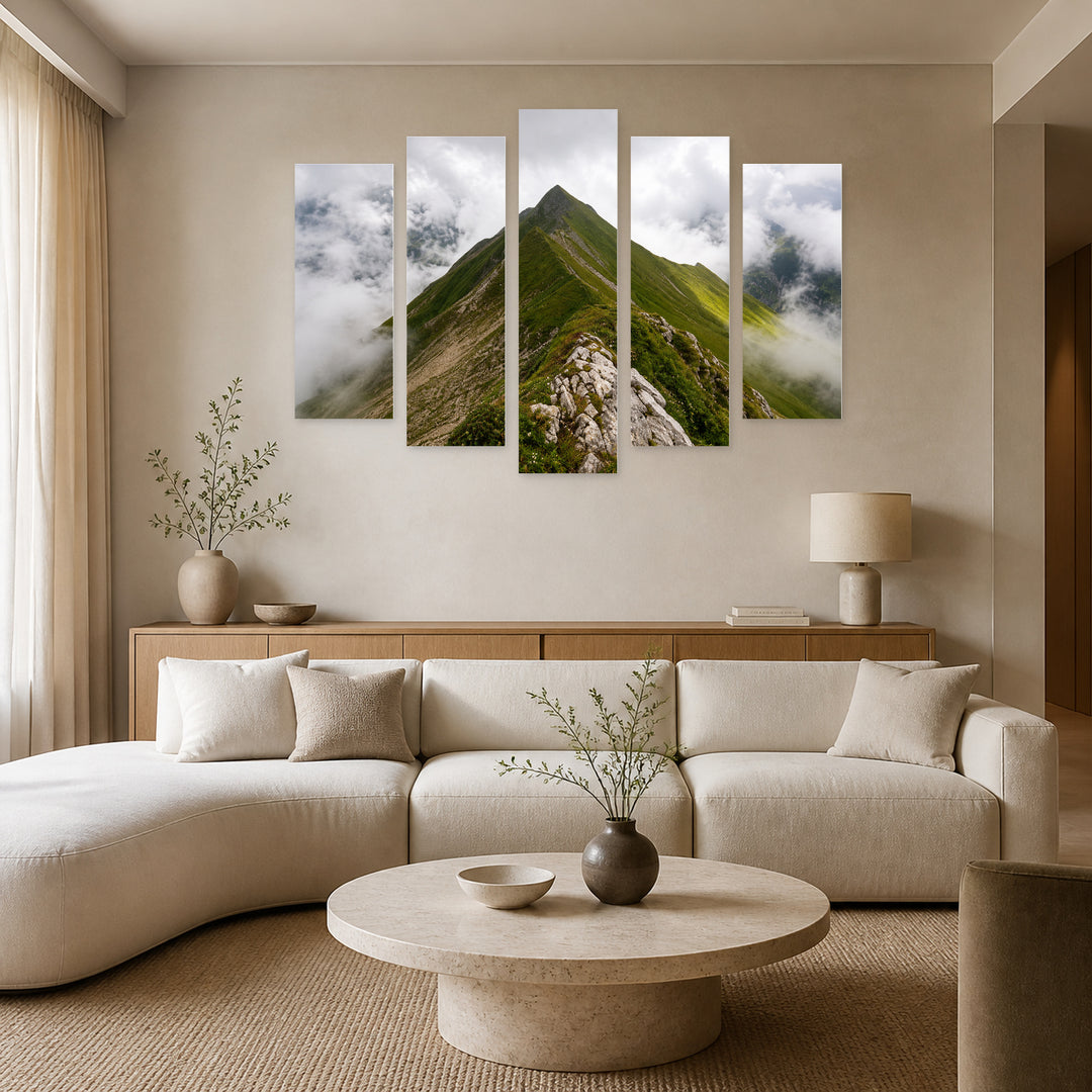 Beauty in Fog with Geometric Rhythm — five-panel wall art in frontal interior | 5wallart 57511 M3