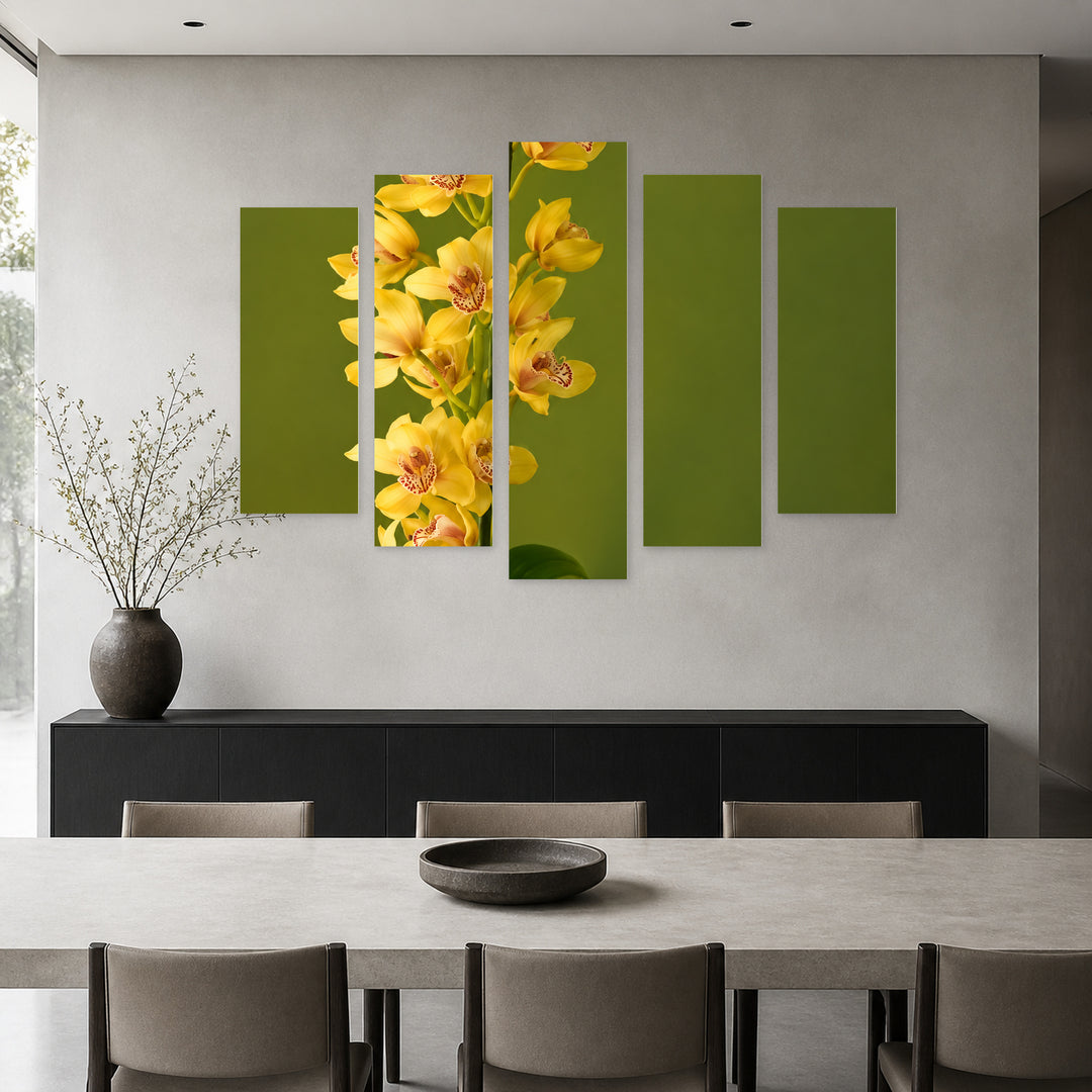 Elegance in Yellow with Geometric Rhythm — five-panel wall art in frontal interior | 5wallart 57512 M3