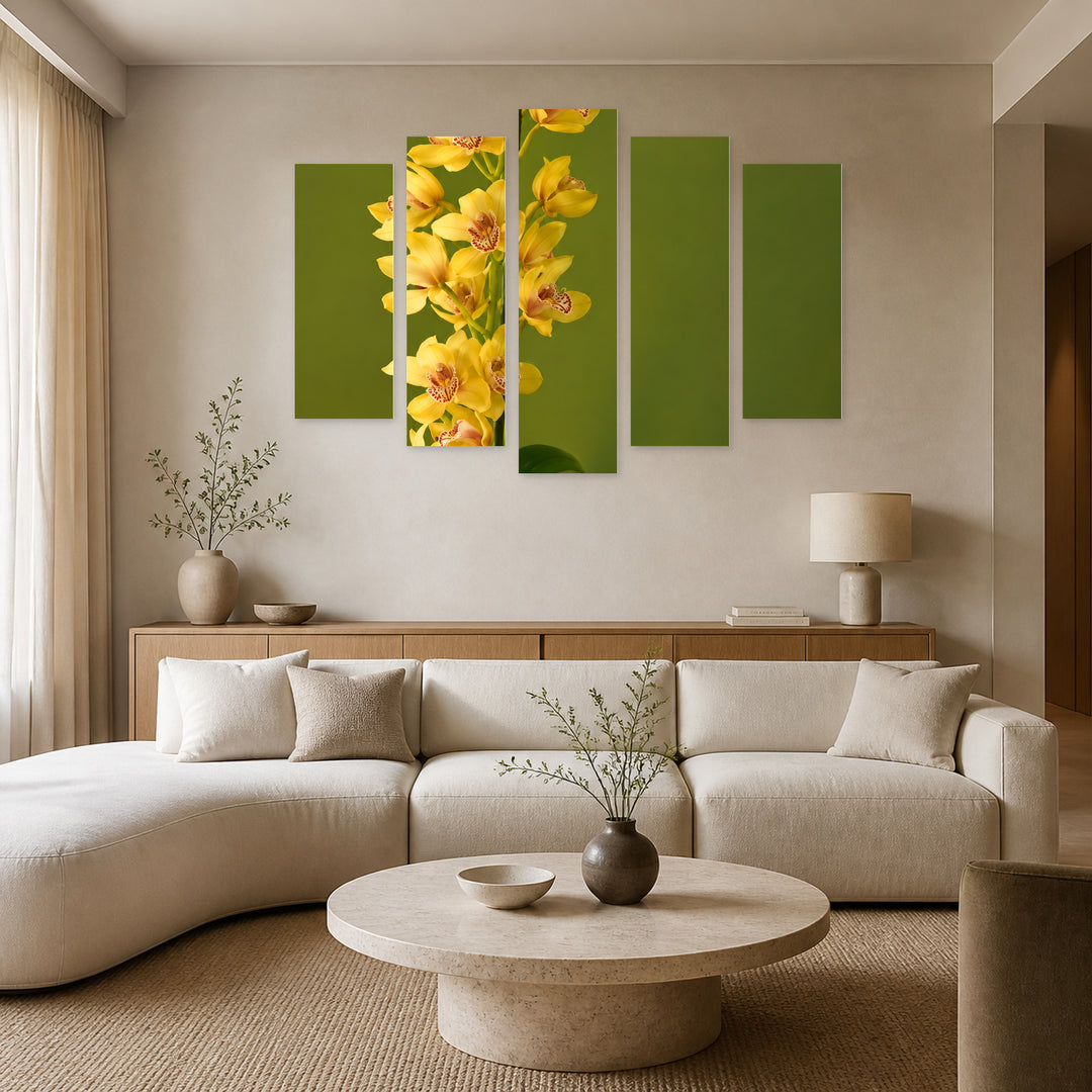 Elegance in Yellow with Geometric Rhythm — five-panel wall art in alternate frontal interior | 5wallart 57512 M4
