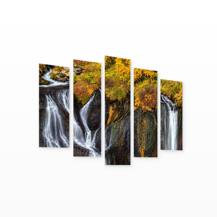 Waterfalls in Serene Light — five-panel wall art on white background in perspective | 5wallart 57513 M1