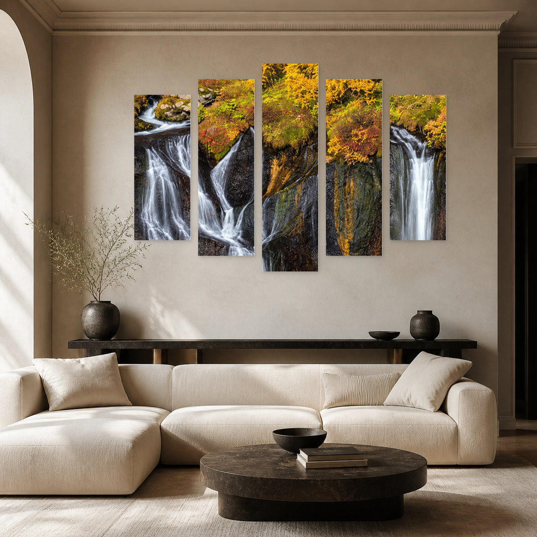 Waterfalls in Serene Light — five-panel wall art in frontal interior | 5wallart 57513 M3