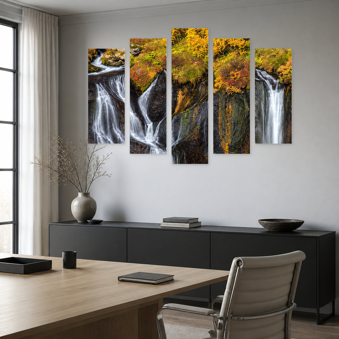 Waterfalls in Serene Light — five-panel wall art in alternate frontal interior | 5wallart 57513 M4
