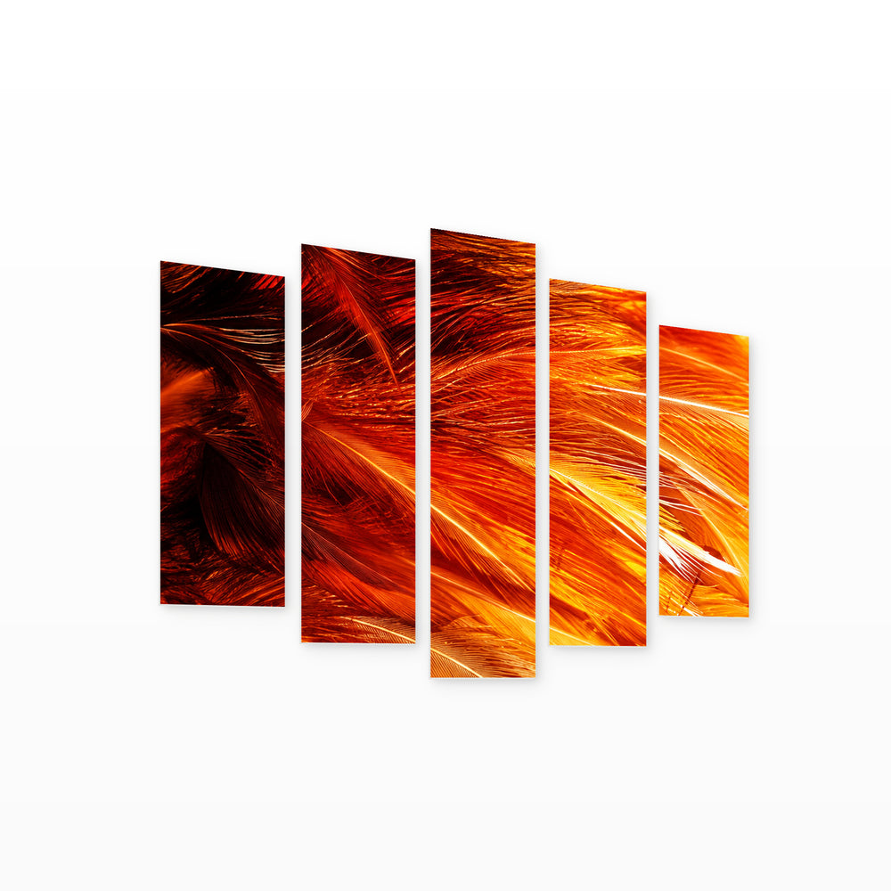 Fiery Feathers with Dramatic Contrast — five-panel wall art on white background in perspective | 5wallart 57519 M1