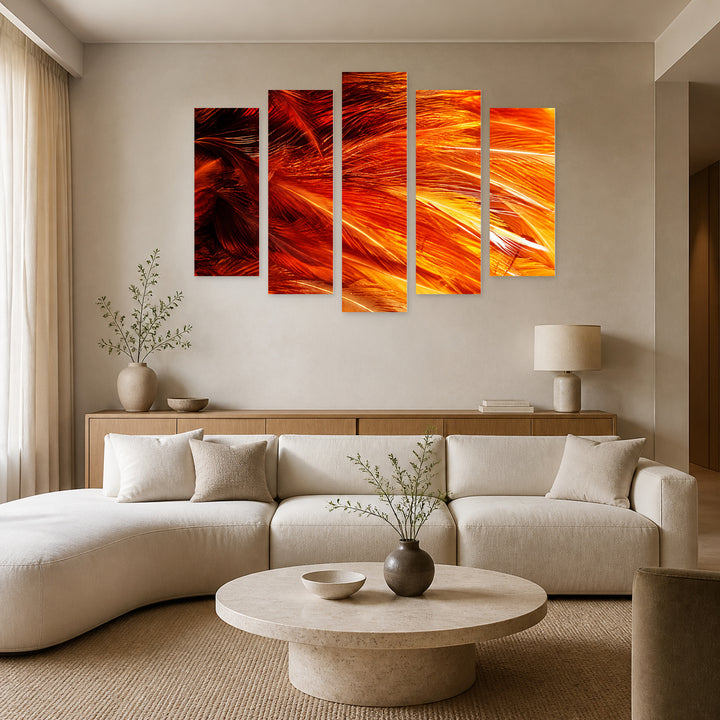 Fiery Feathers with Dramatic Contrast — five-panel wall art in frontal interior | 5wallart 57519 M3