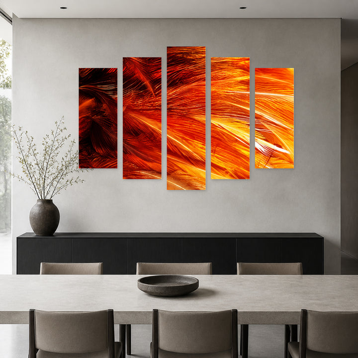 Fiery Feathers with Dramatic Contrast — five-panel wall art in alternate frontal interior | 5wallart 57519 M4