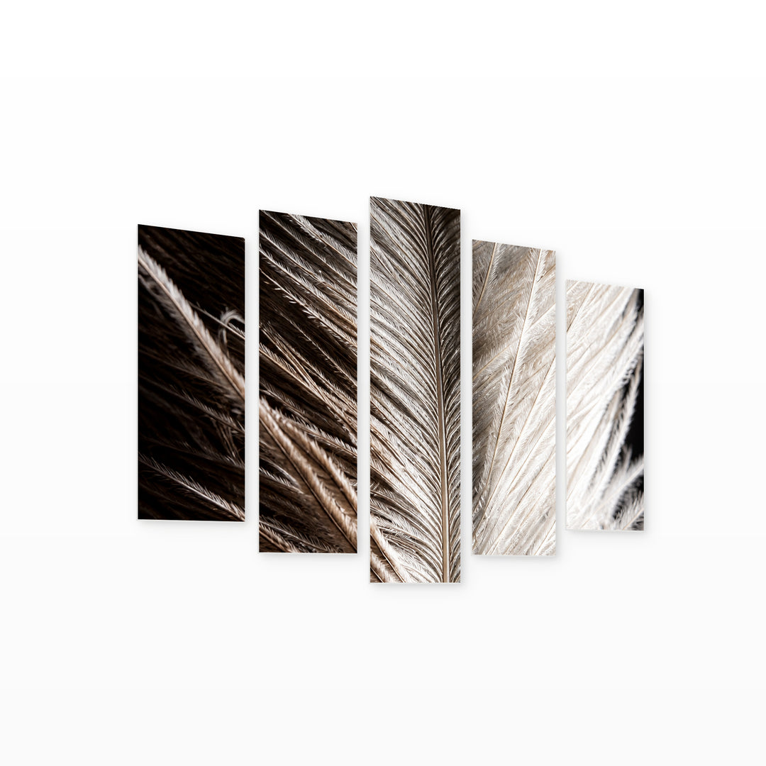 Feather with a Story in Serene Light — five-panel wall art on white background in perspective | 5wallart 57521 M1