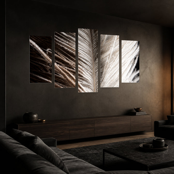 Feather with a Story in Serene Light — five-panel wall art in perspective interior | 5wallart 57521 M2