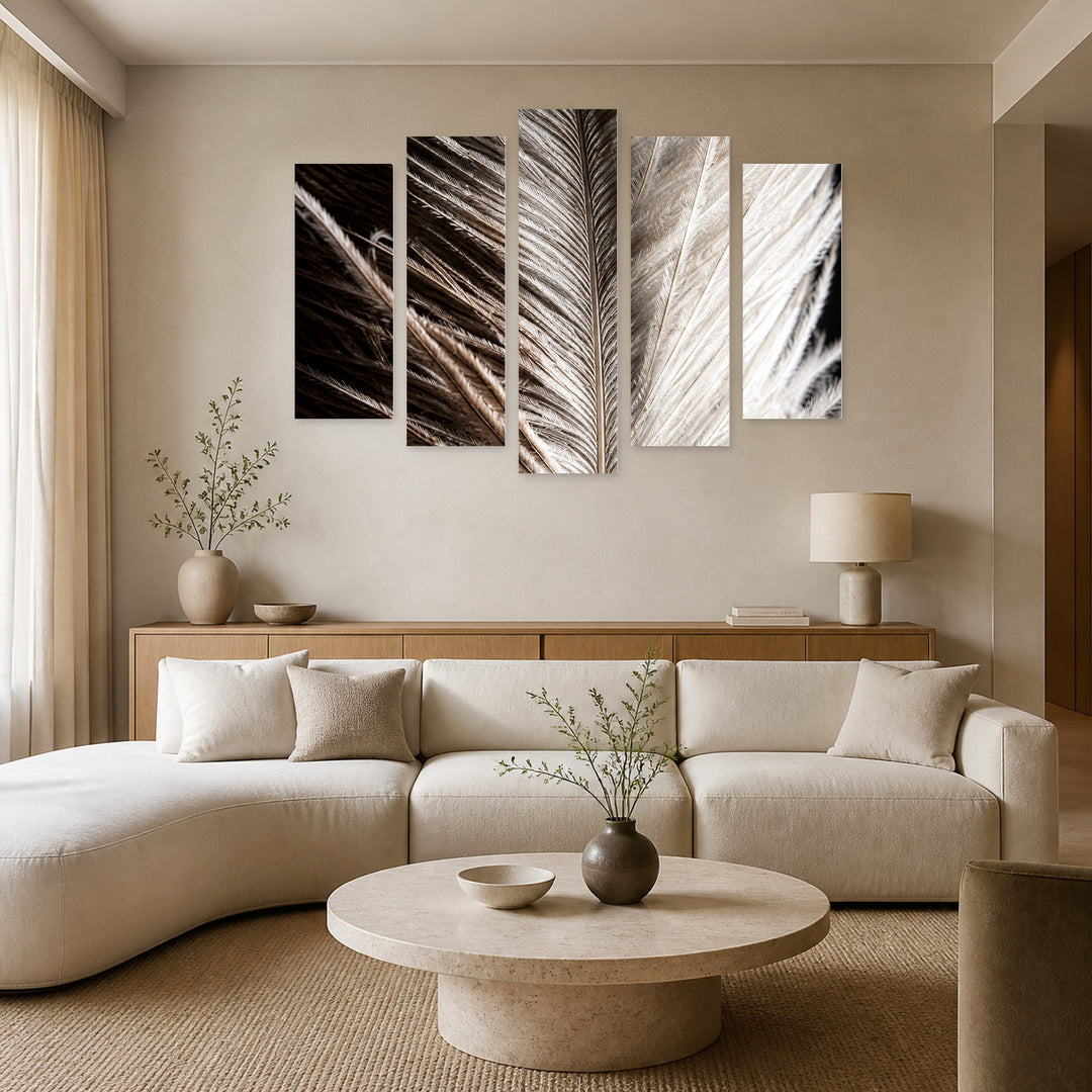Feather with a Story in Serene Light — five-panel wall art in frontal interior | 5wallart 57521 M3