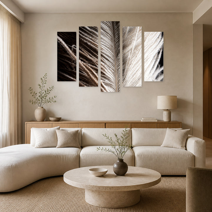 Feather with a Story in Serene Light — five-panel wall art in frontal interior | 5wallart 57521 M3