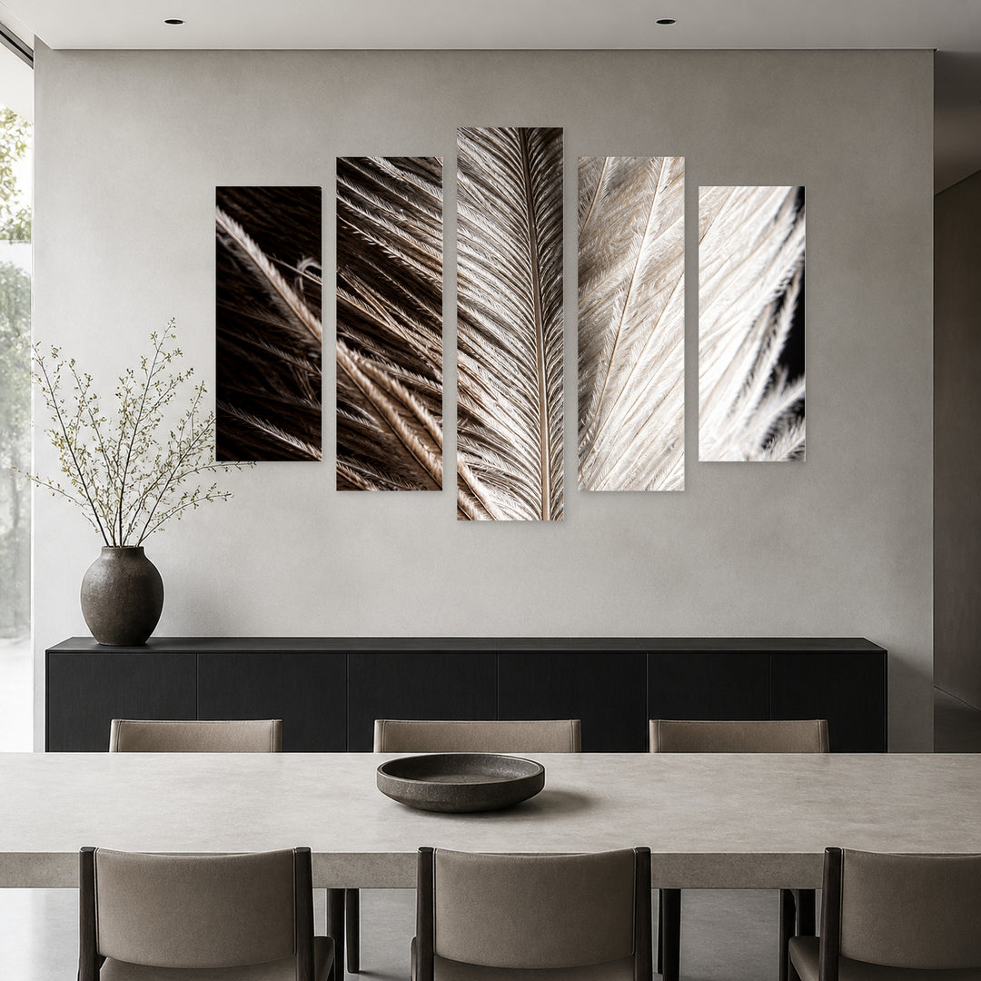 Feather with a Story in Serene Light — five-panel wall art in alternate frontal interior | 5wallart 57521 M4