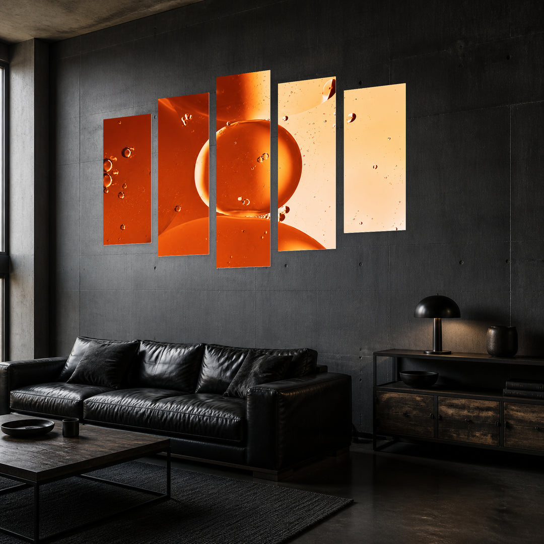 Orangeade with Geometric Rhythm — five-panel wall art in perspective interior | 5wallart 57522 M2