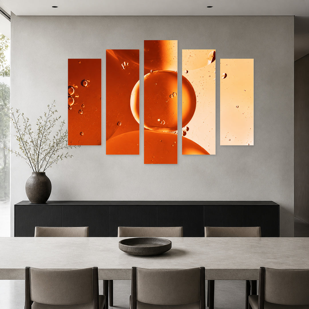 Orangeade with Geometric Rhythm — five-panel wall art in frontal interior | 5wallart 57522 M3