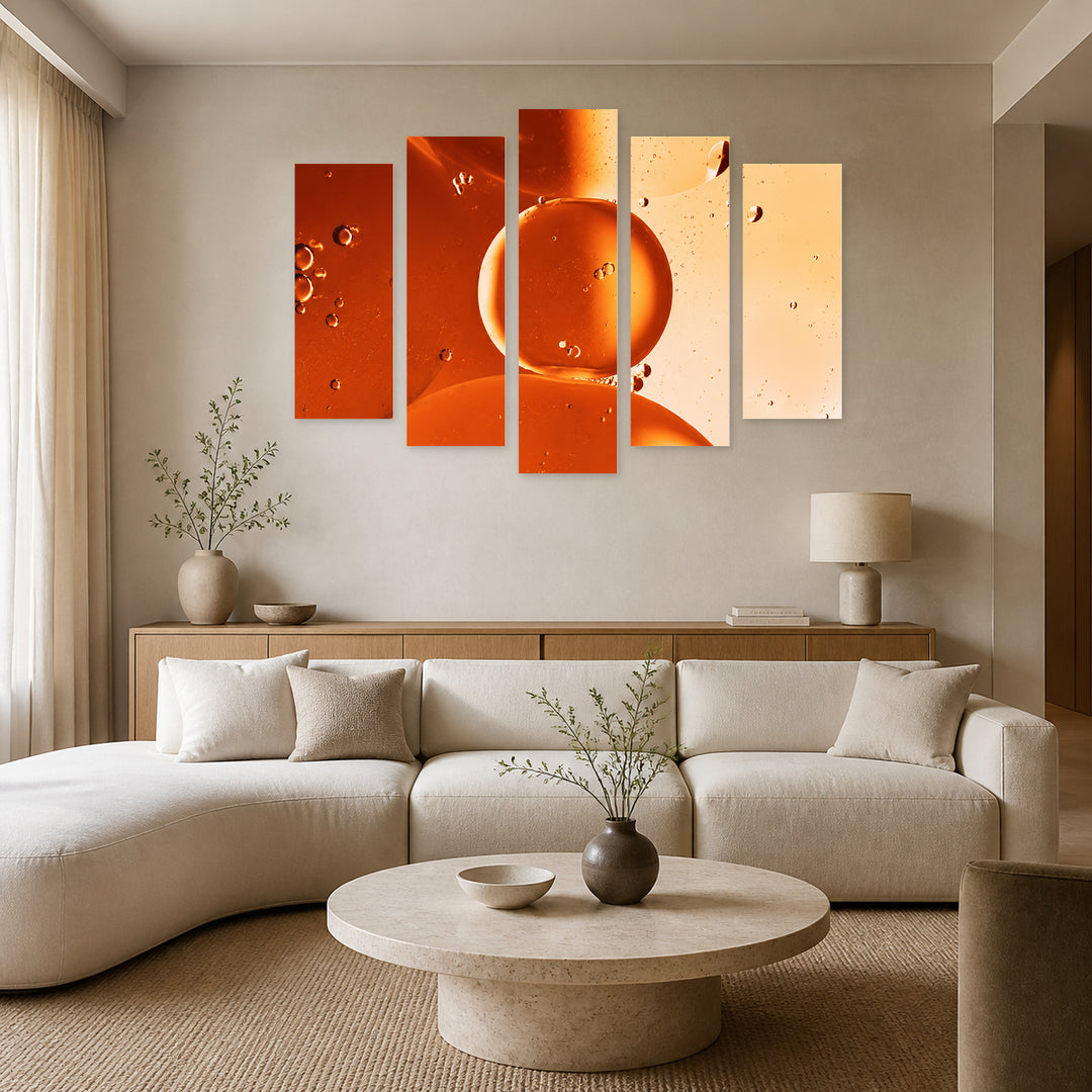 Orangeade with Geometric Rhythm — five-panel wall art in alternate frontal interior | 5wallart 57522 M4