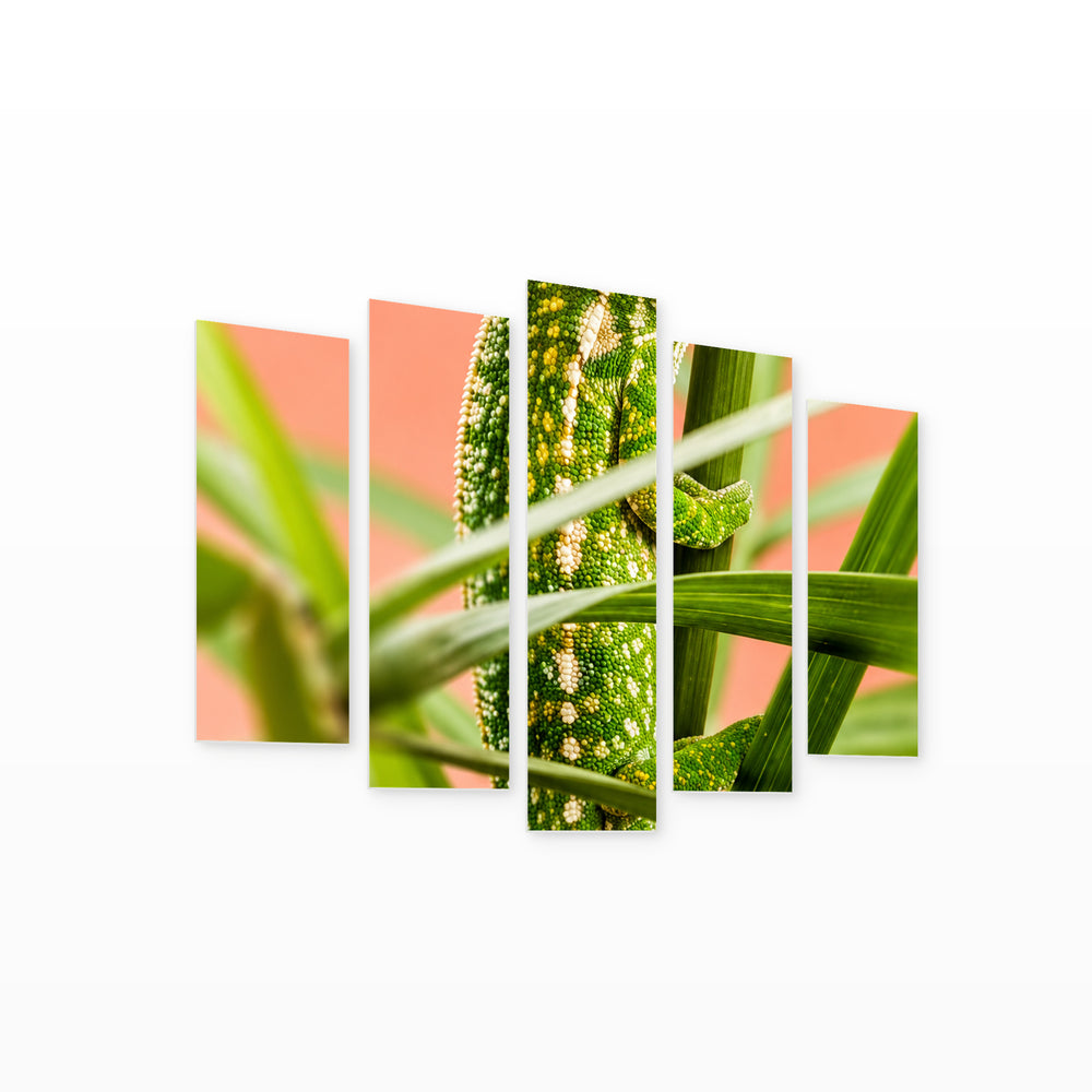Carpet Chameleon with Geometric Rhythm — five-panel wall art on white background in perspective | 5wallart 57525 M1