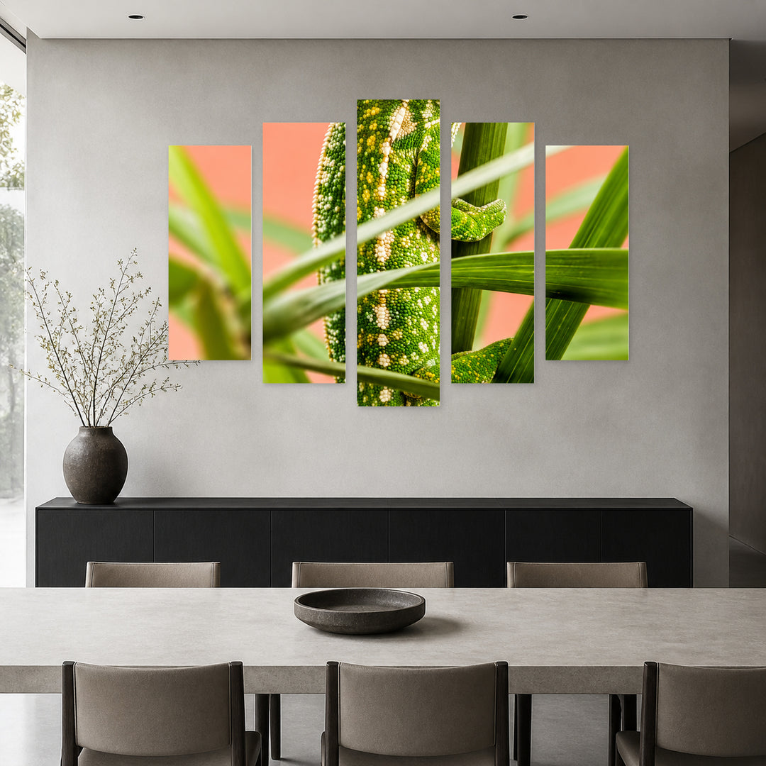 Carpet Chameleon with Geometric Rhythm — five-panel wall art in alternate frontal interior | 5wallart 57525 M4