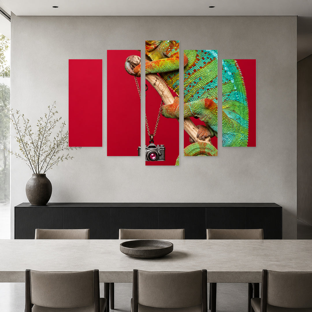 Chameleon Wildlife Portrait — five-panel wall art in alternate frontal interior | 5wallart 57527 M4
