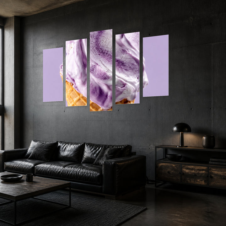 Violet Ice Cream with Geometric Rhythm — five-panel wall art in perspective interior | 5wallart 57528 M2